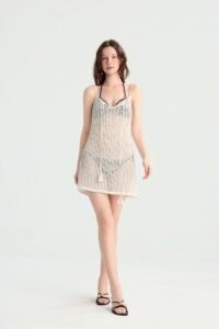 Bohemian Sheer Knit Strap Beach Cover-Up, Off-White V-Neck Tassel Hem Mini Dress, Summer Island Bikini Outerwear Vacation Dress. - Image 7