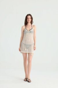 Bohemian Sheer Knit Strap Beach Cover-Up, Off-White V-Neck Tassel Hem Mini Dress, Summer Island Bikini Outerwear Vacation Dress. - Image 5