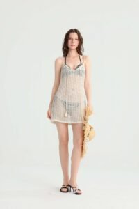 Bohemian Sheer Knit Strap Beach Cover-Up, Off-White V-Neck Tassel Hem Mini Dress, Summer Island Bikini Outerwear Vacation Dress. - Image 2