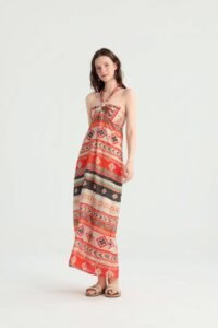 Geometric Print Halter Maxi Dress