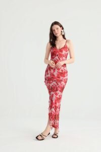 Red Rose Print Maxi Dress with Spaghetti Straps - Image 2