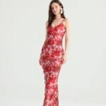Red Rose Print Maxi Dress with Spaghetti Straps