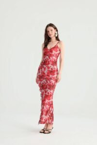 Red Rose Print Maxi Dress with Spaghetti Straps