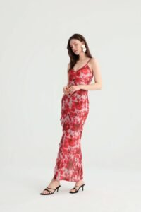 Red Rose Print Maxi Dress with Spaghetti Straps - Image 5