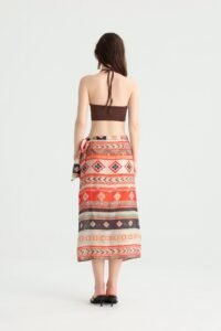 Geometric Wrap Midi Skirt in Earth-Tone Print - Image 8