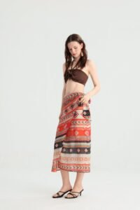 Geometric Wrap Midi Skirt in Earth-Tone Print - Image 7