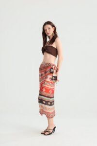 Geometric Wrap Midi Skirt in Earth-Tone Print - Image 6