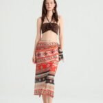 Geometric Wrap Midi Skirt in Earth-Tone Print