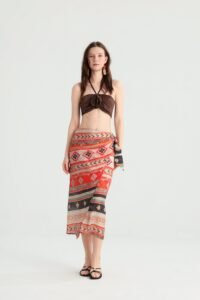 Geometric Wrap Midi Skirt in Earth-Tone Print