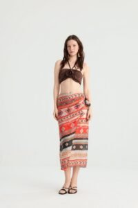 Geometric Wrap Midi Skirt in Earth-Tone Print - Image 4
