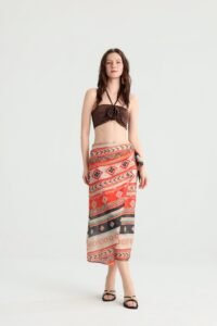 Geometric Wrap Midi Skirt in Earth-Tone Print - Image 3