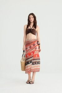 Geometric Wrap Midi Skirt in Earth-Tone Print - Image 2