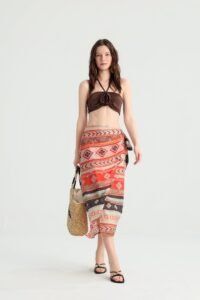 Geometric Wrap Midi Skirt in Earth-Tone Print - Image 9