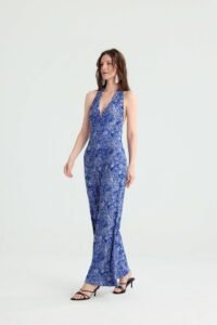 Blue Paisley Halter Jumpsuit with Wide Legs - Image 3