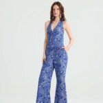 Blue Paisley Halter Jumpsuit with Wide Legs