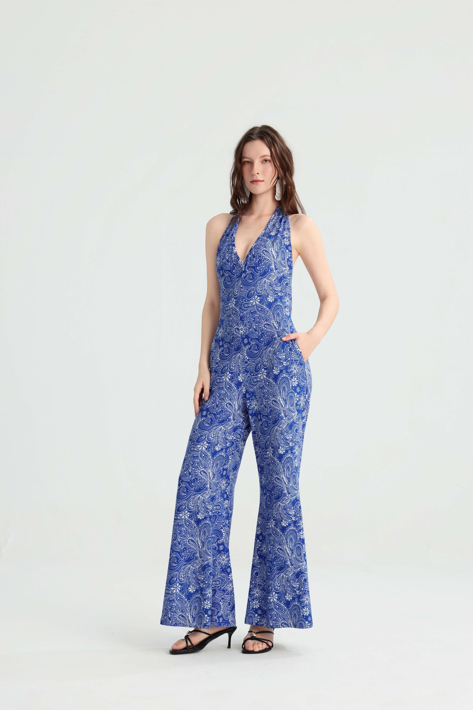 FT626698.jpg Blue Paisley Halter Jumpsuit with Wide Legs - Image 1
