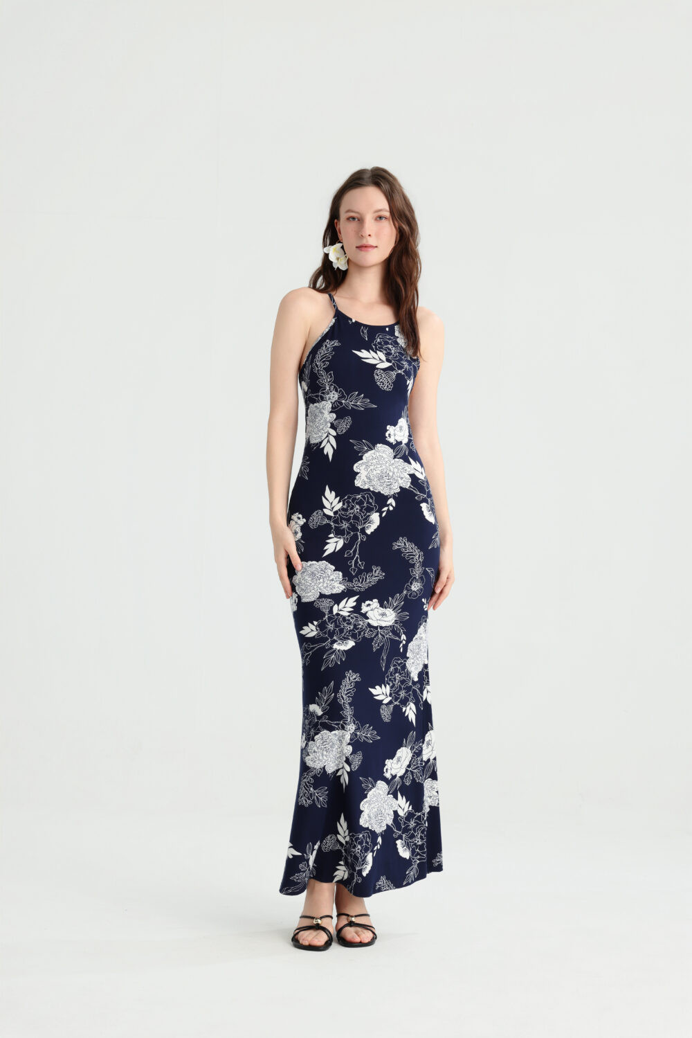 Navy Floral Spaghetti-Strap Maxi Dress