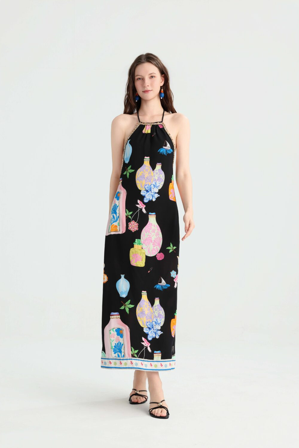 Oriental Art Print Woven Halter Neck Vacation Maxi Dress