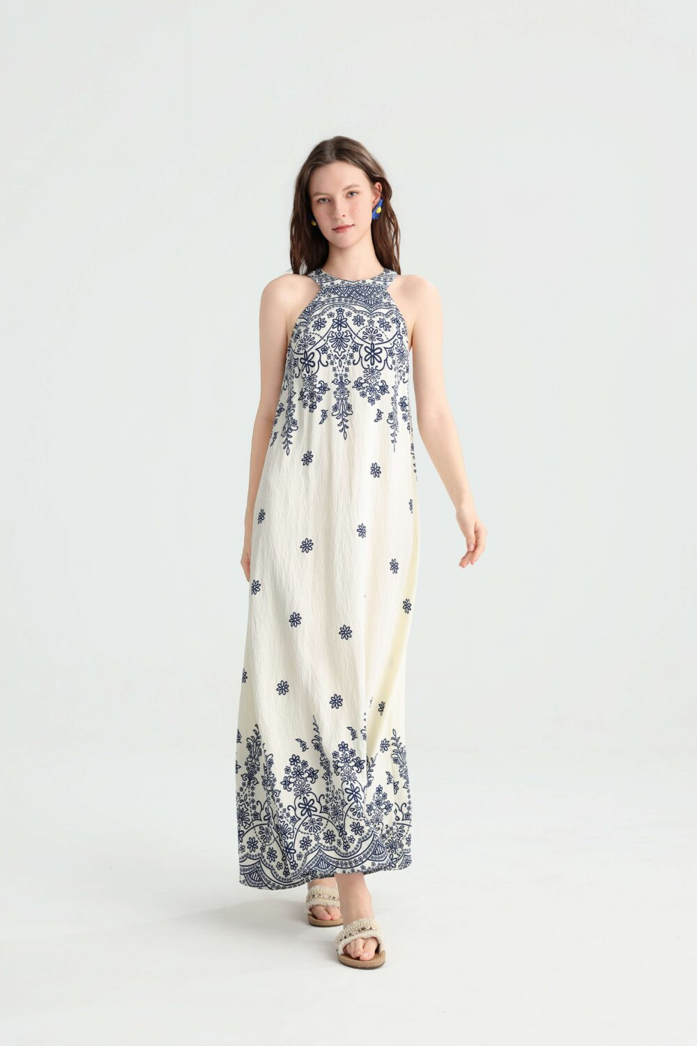 White Base Blue Placement Print Vacation Maxi Dress