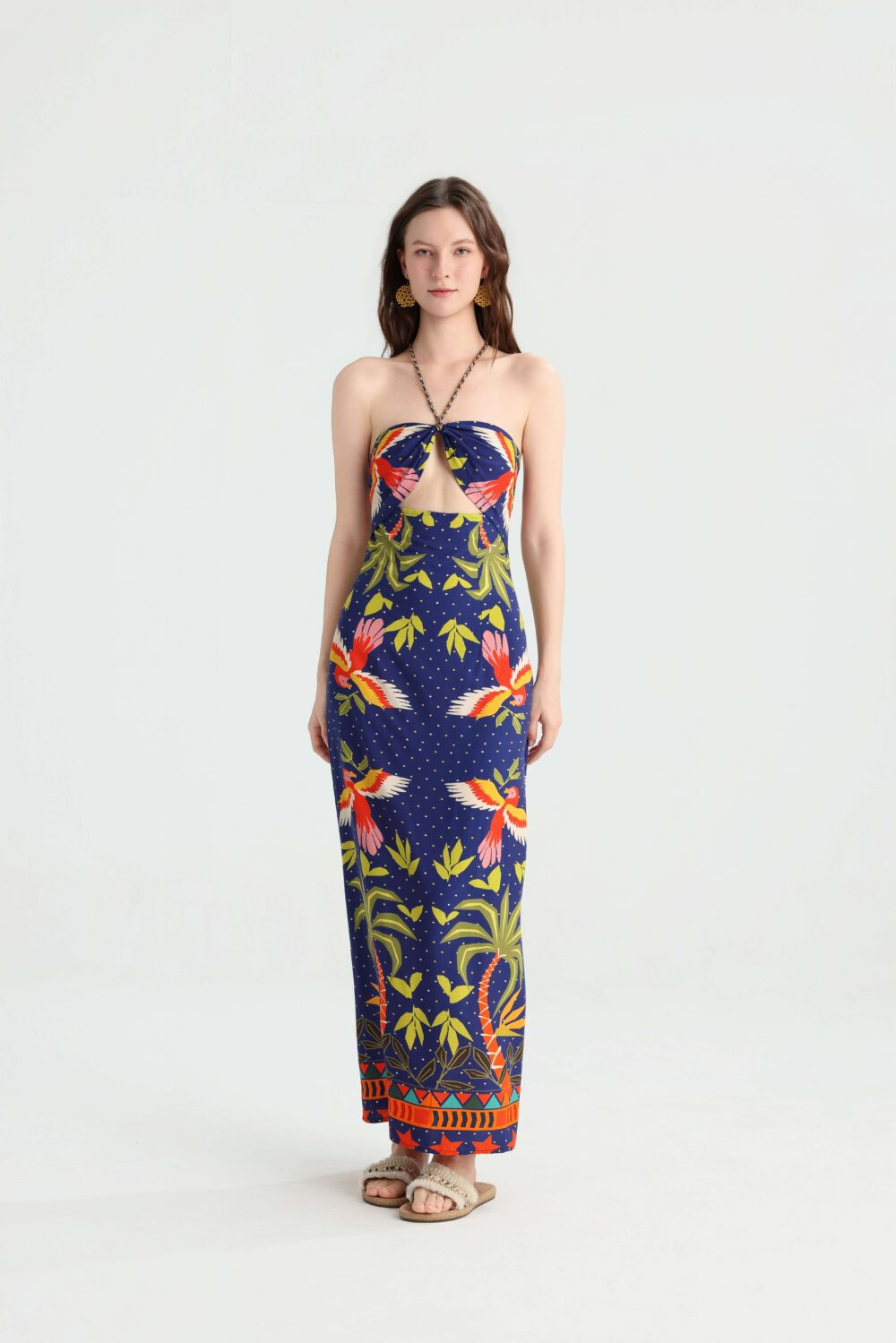 Tropical Print Halter Wrap Tube‑Top Vacation Maxi Dress