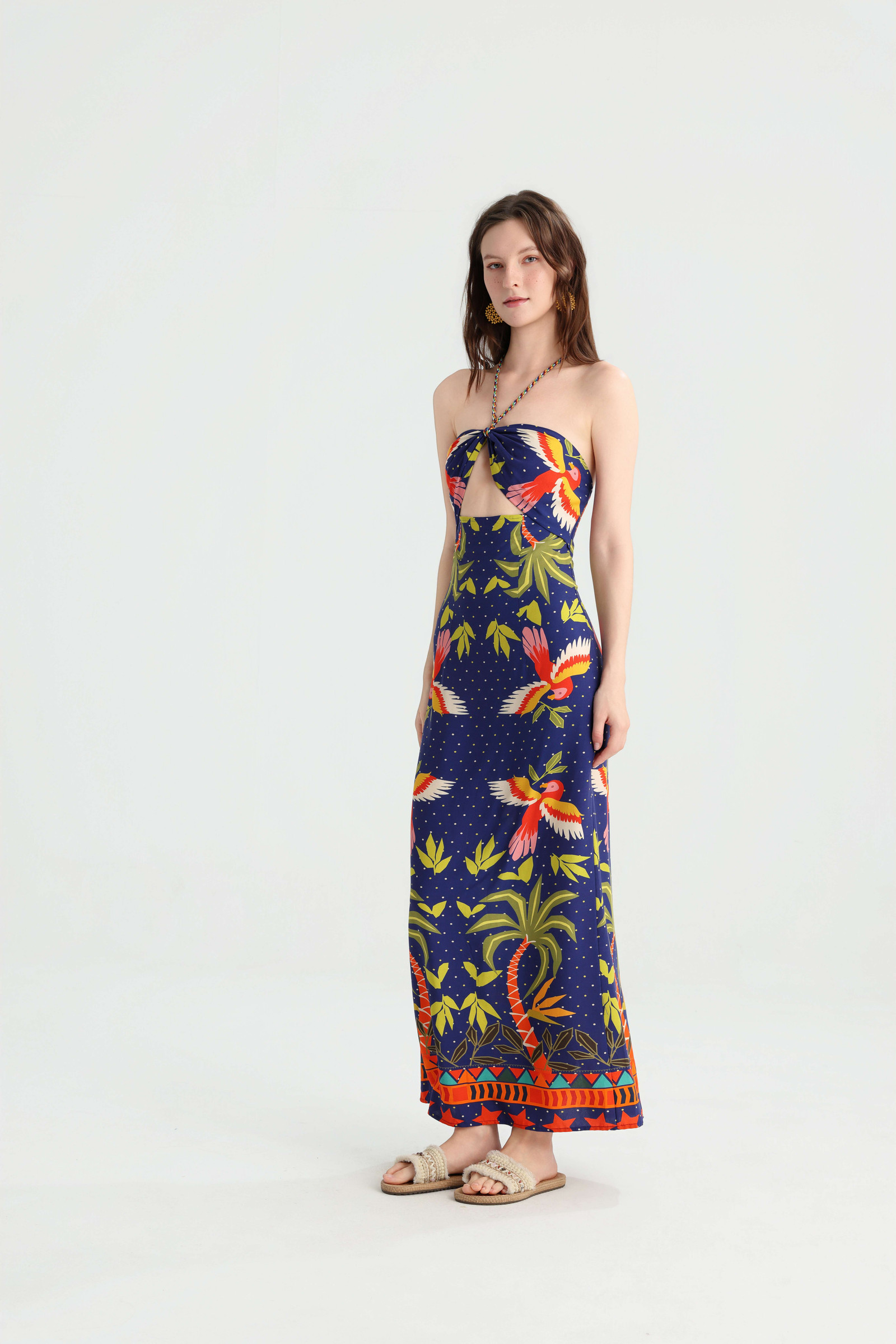 Tropical Print Halter Wrap Tube‑Top Vacation Maxi Dress - Image 3