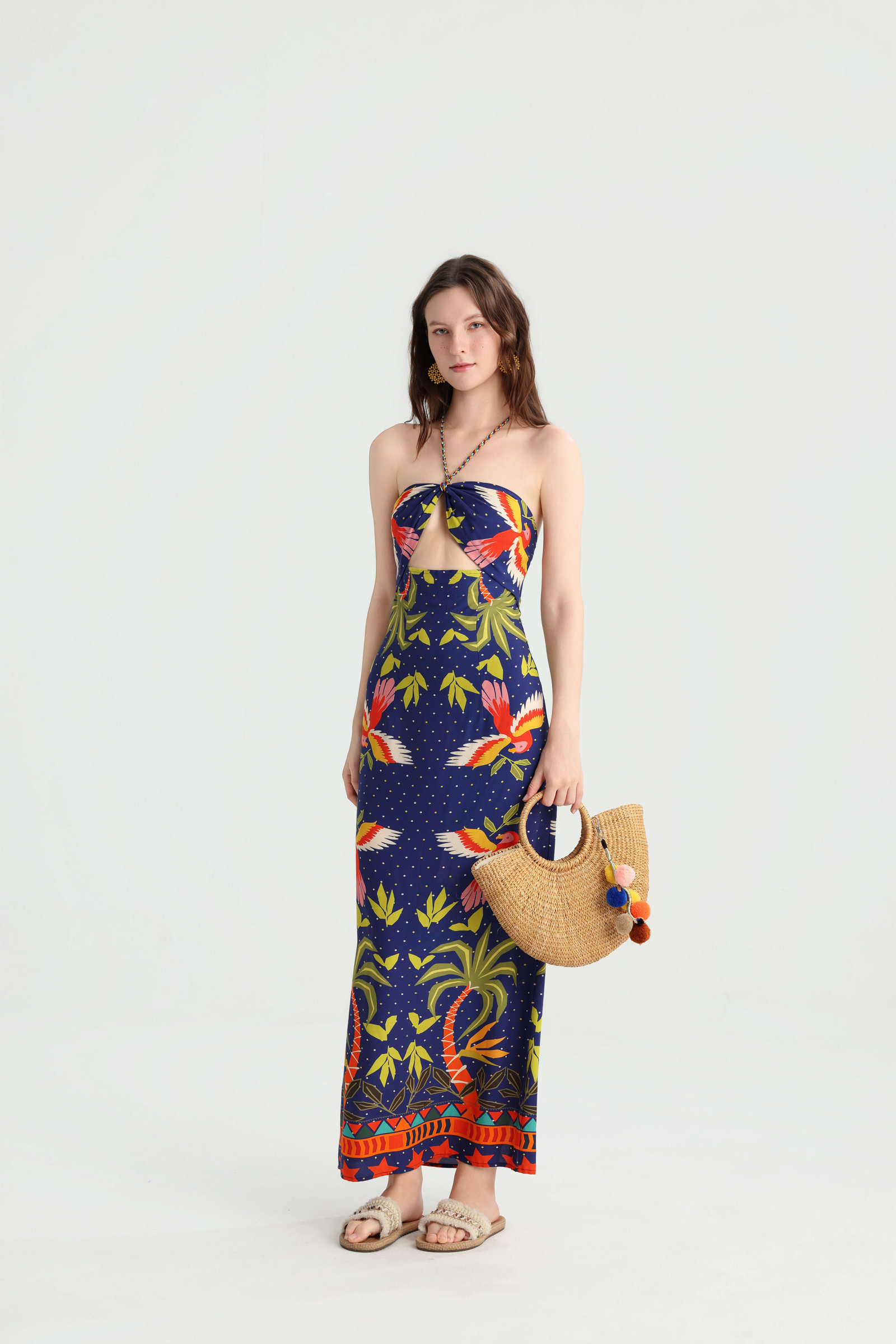 Tropical Print Halter Wrap Tube‑Top Vacation Maxi Dress - Image 2