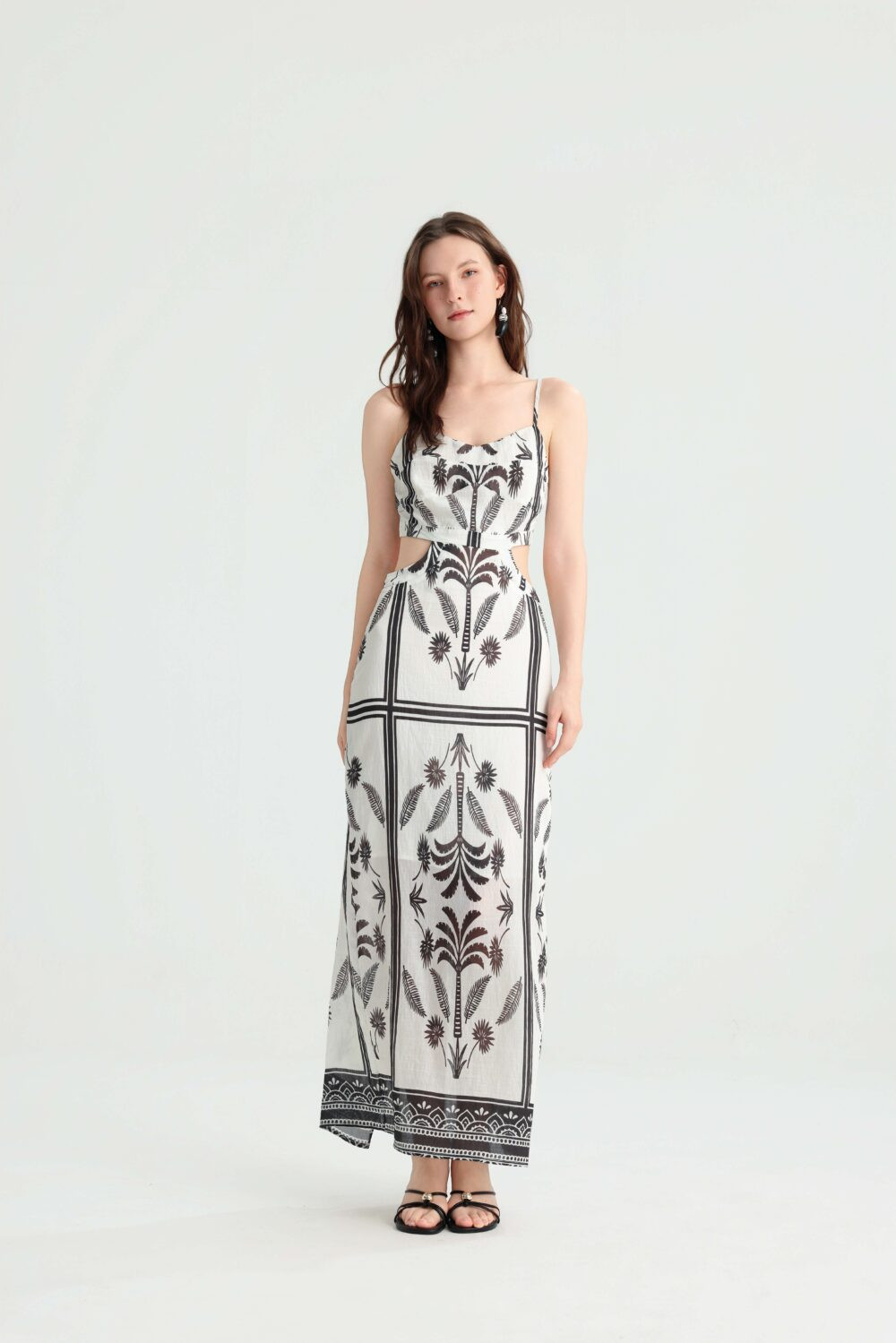 Ageless Vacation Maxi Dress | Tropical Geometric Placement Print With Waist Cutout
