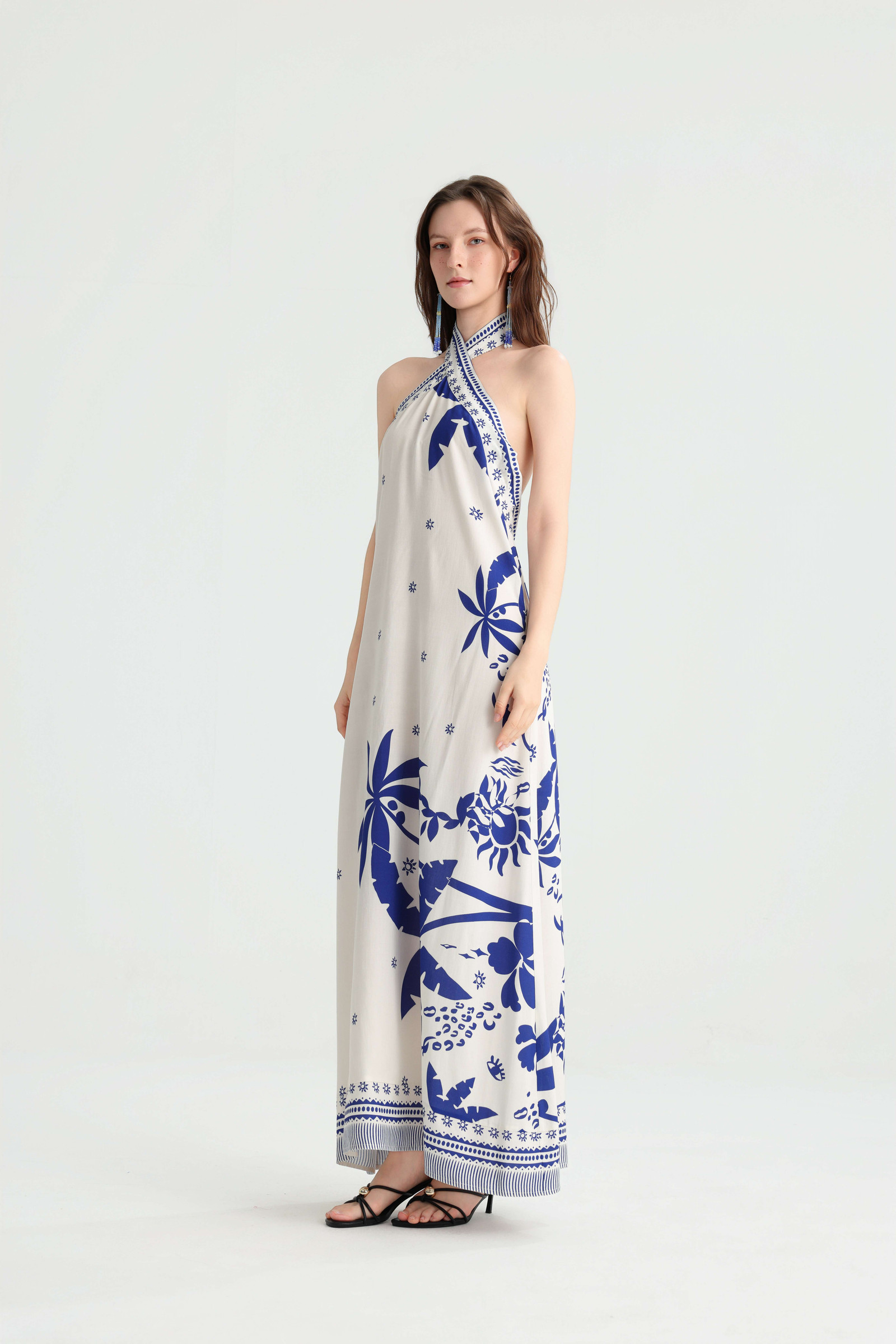 White Base Blue Placement Print Halter Vacation Maxi Dress - Image 3