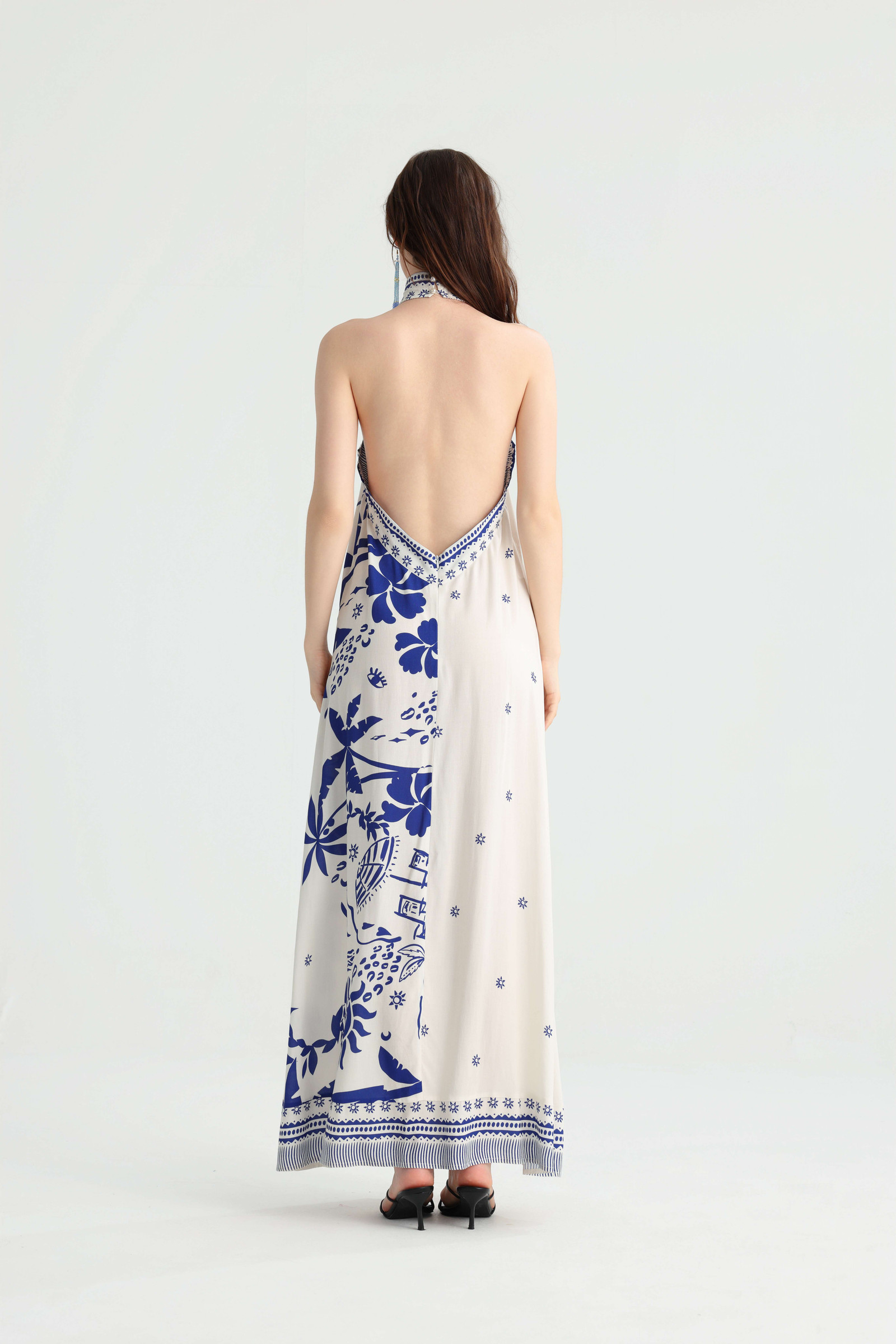White Base Blue Placement Print Halter Vacation Maxi Dress - Image 4