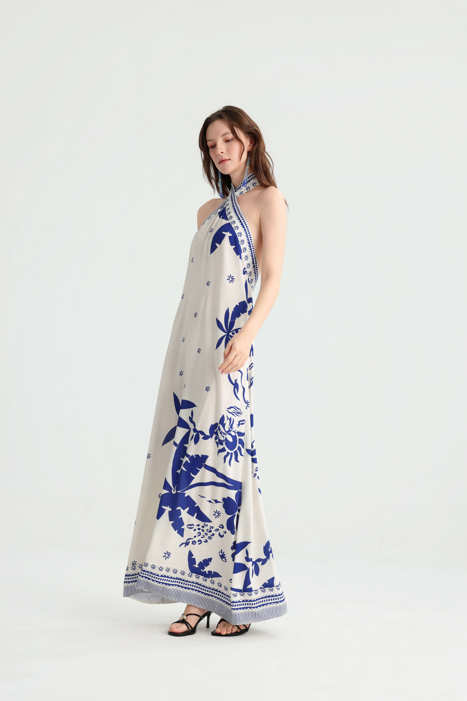 White Base Blue Placement Print Halter Vacation Maxi Dress - Image 5