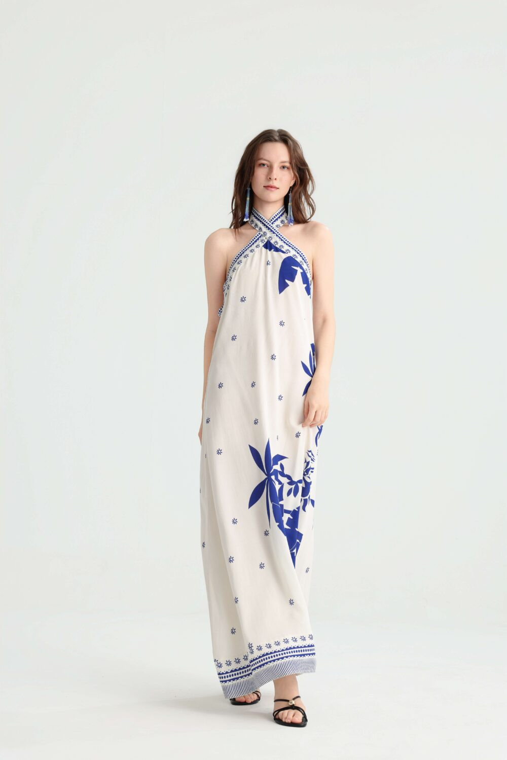 White Base Blue Placement Print Halter Vacation Maxi Dress