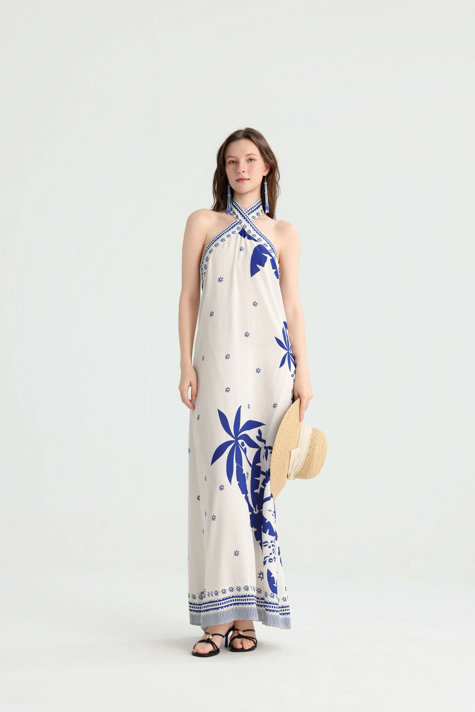 White Base Blue Placement Print Halter Vacation Maxi Dress - Image 7