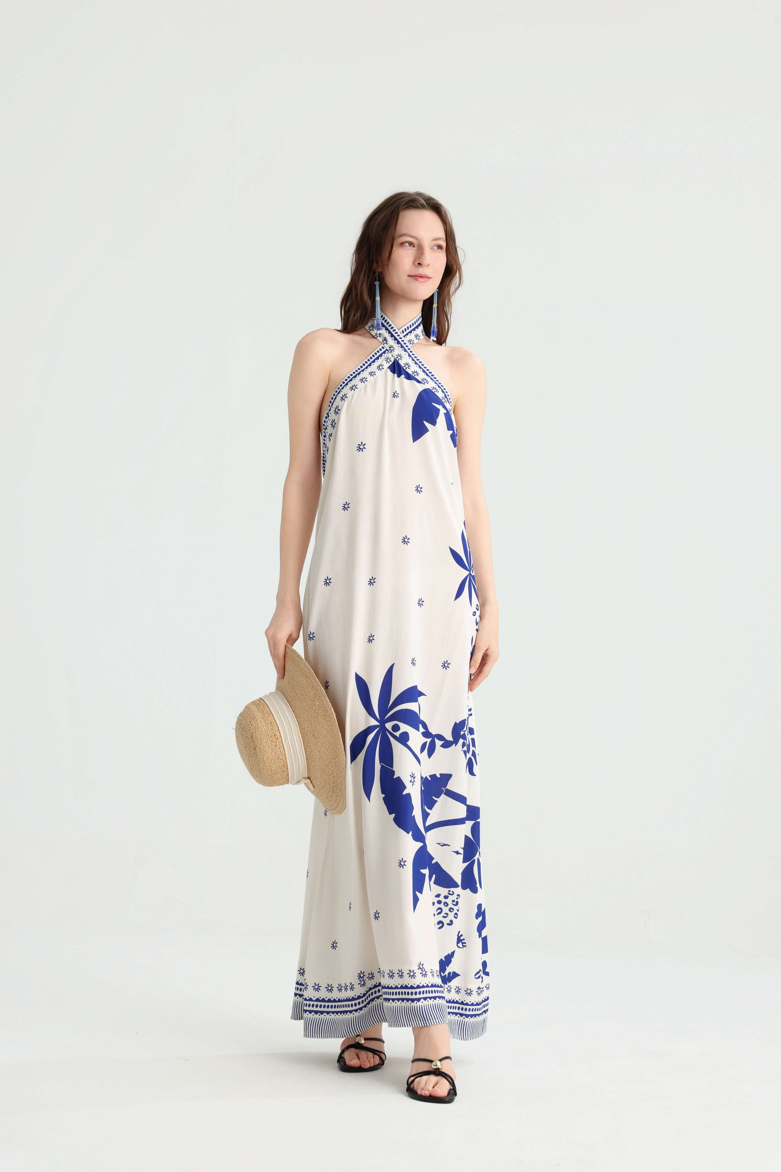 White Base Blue Placement Print Halter Vacation Maxi Dress - Image 8
