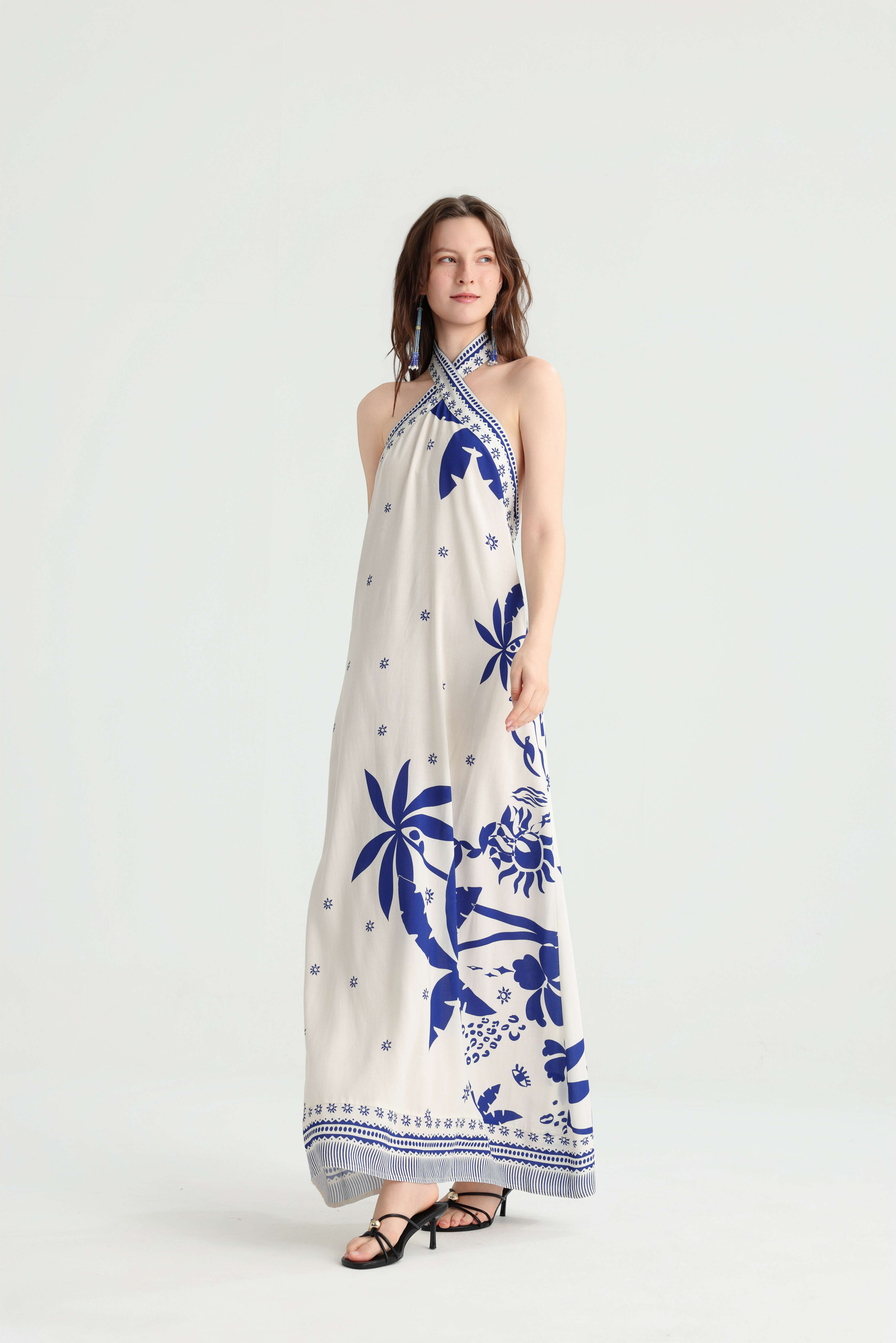 White Base Blue Placement Print Halter Vacation Maxi Dress - Image 9