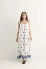 Greek-Inspired Blue Embroidered Maxi Dress