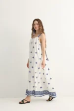 Greek-Inspired Blue Embroidered Maxi Dress - Image 9