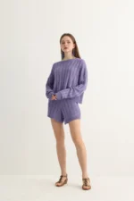 Lavender Knit Shorts Set with Cable Texture - Image 2