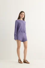 Lavender Knit Shorts Set with Cable Texture - Image 9