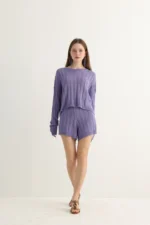 Lavender Knit Shorts Set with Cable Texture - Image 8