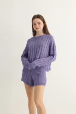 Lavender Knit Shorts Set with Cable Texture - Image 7