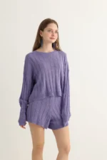 Lavender Knit Shorts Set with Cable Texture - Image 5
