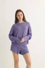 Lavender Knit Shorts Set with Cable Texture - Image 3