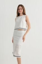 White Embroidered Skirt Set with Crop Top - Image 5