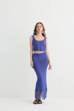 Knit Crop Top Skirt Set with Fringe Hem - Image 10