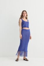 Knit Crop Top Skirt Set with Fringe Hem - Image 8