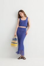 Knit Crop Top Skirt Set with Fringe Hem - Image 6