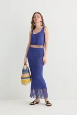 Knit Crop Top Skirt Set with Fringe Hem - Image 5