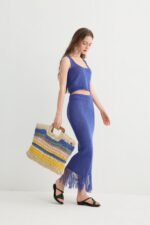 Knit Crop Top Skirt Set with Fringe Hem - Image 3