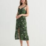 Green Leaf Print Spaghetti Strap Dress