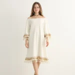 White Boho Midi Dress with Gold Embroidery
